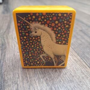 Vintage unicorn yellow plastic trinket box with lid fantasy collection